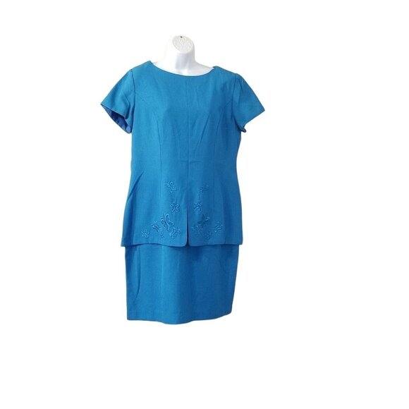 Virgo Vintage Womens Dress L Blue Embroidered Knee Length Slimming Short Sleeve - Picture 6 of 15